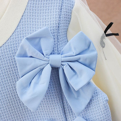 Girls dress spring and autumn 2023 new little fragrance bow fake two small children's fashionable princess skirt tide