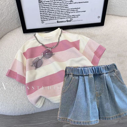 P girls denim shorts suit summer new female baby thin girls fashion casual summer children pants tide.