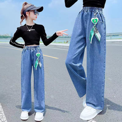 P girls spring and autumn jeans wide-leg pants 2024 new girls Korean version loose fashion foreign style middle-aged pants tide