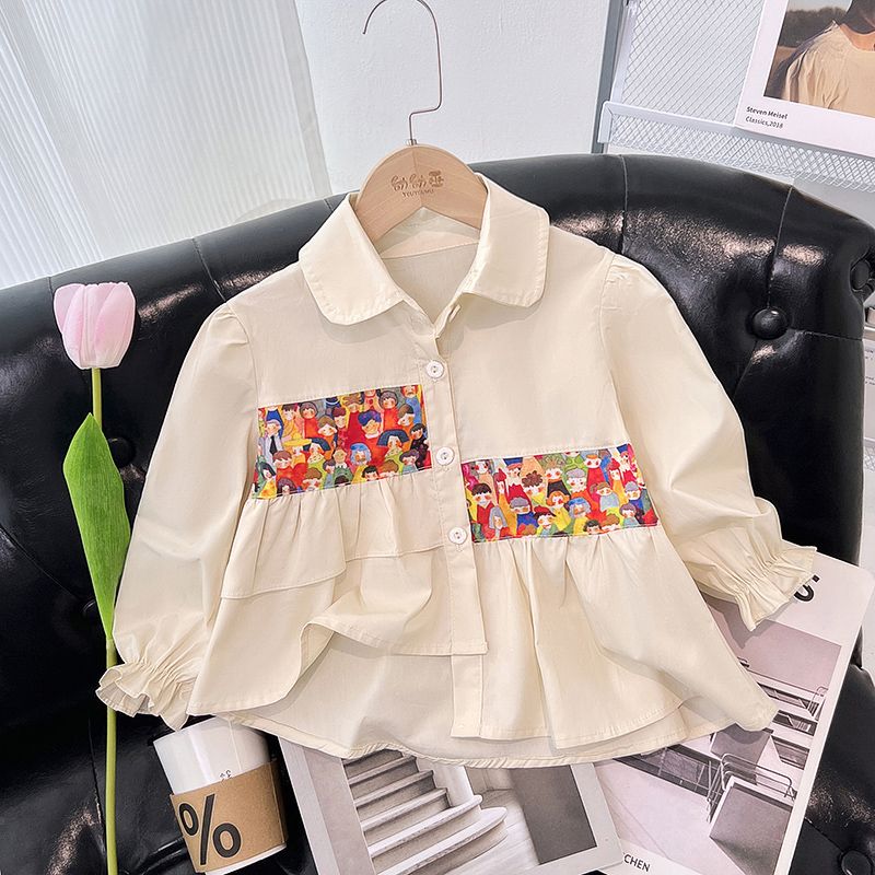 Girls' shirt 2024 new children's spring and autumn clothes stitched long-sleeved baby girl wears a spring versatile shirt outside