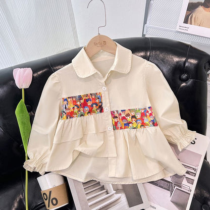 Camisa de niña 2024 nueva ropa de primavera y otoño para niños cosida de manga larga para niña que usa una camisa versátil de primavera al aire libre 