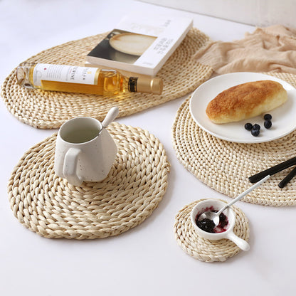 Estera de té de estilo japonés hecha a mano con cáscara de maíz natural, paja y aislamiento térmico, tapete de mesa, tapete resistente al calor para cazuela, plato, taza, mantel individual 