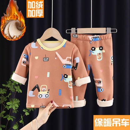 P children's thermal underwear set fleece thickened boys and girls long johns baby pajamas children's underwear winter