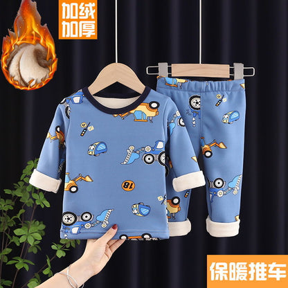 P children's thermal underwear set fleece thickened boys and girls long johns baby pajamas children's underwear winter