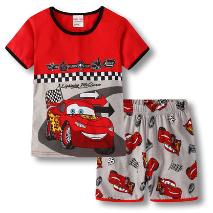 Conjunto de pijama de algodón de manga corta para niños con diseño de dibujos animados de coches de verano nuevo de P