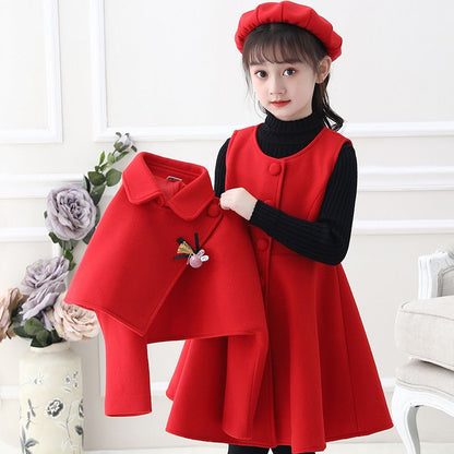 Girls' dresses, autumn and winter woolen shawls, two-piece skirts, medium and large children's princess dresses, winter fleece suits