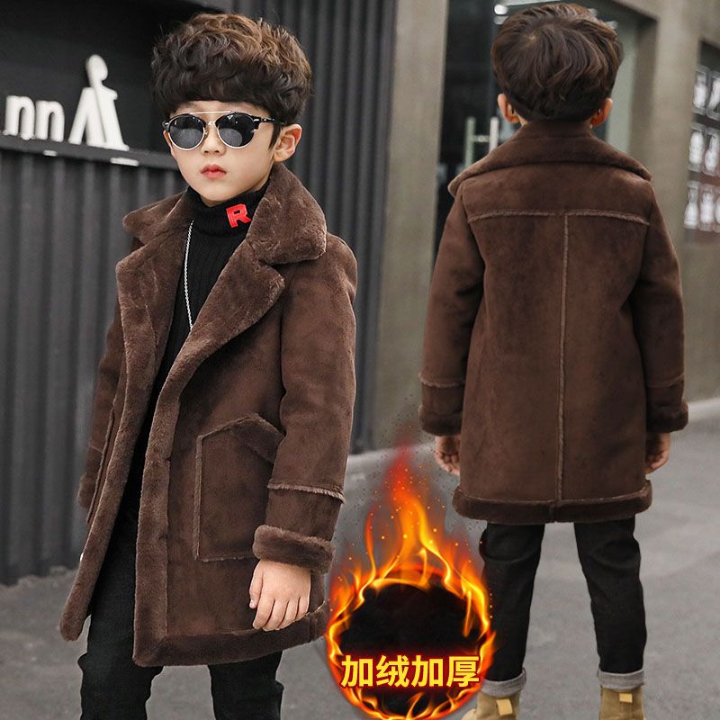 Boys' woolen coat mid-length 2023 new autumn and winter children's stylish fur one-piece handsome thickened coat