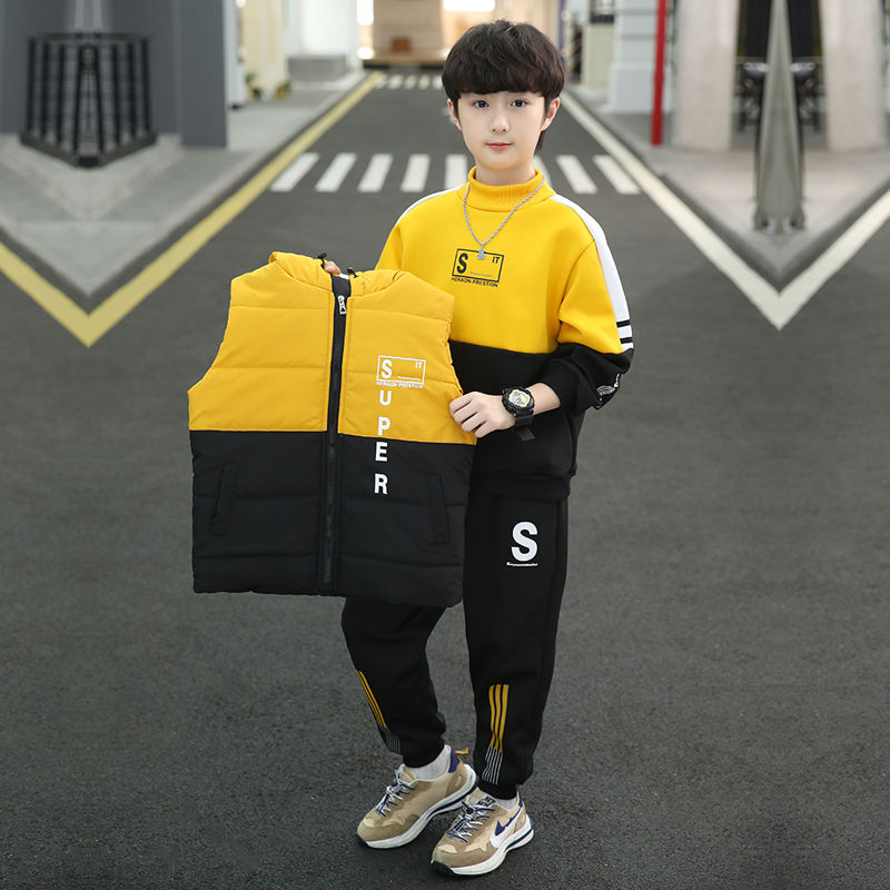 P boys autumn suit new foreign style medium and large children's boys winter thickened fleece sweater three-piece set tide