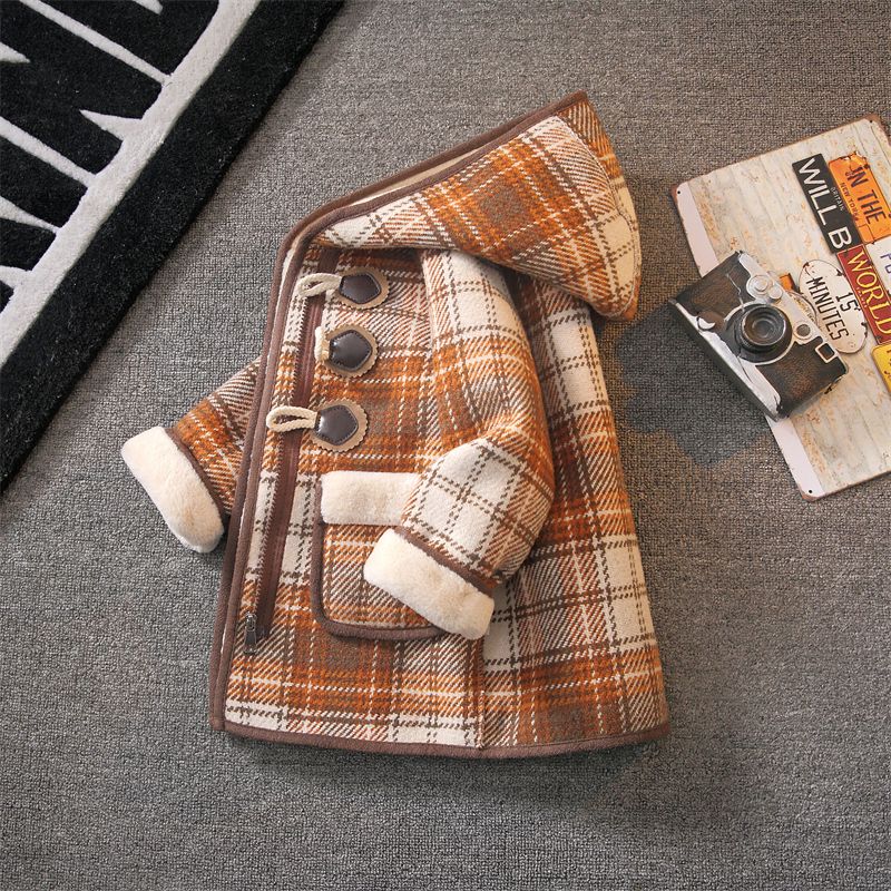 Boys' woolen coat autumn and winter plus velvet thickened one-piece velvet plaid coat