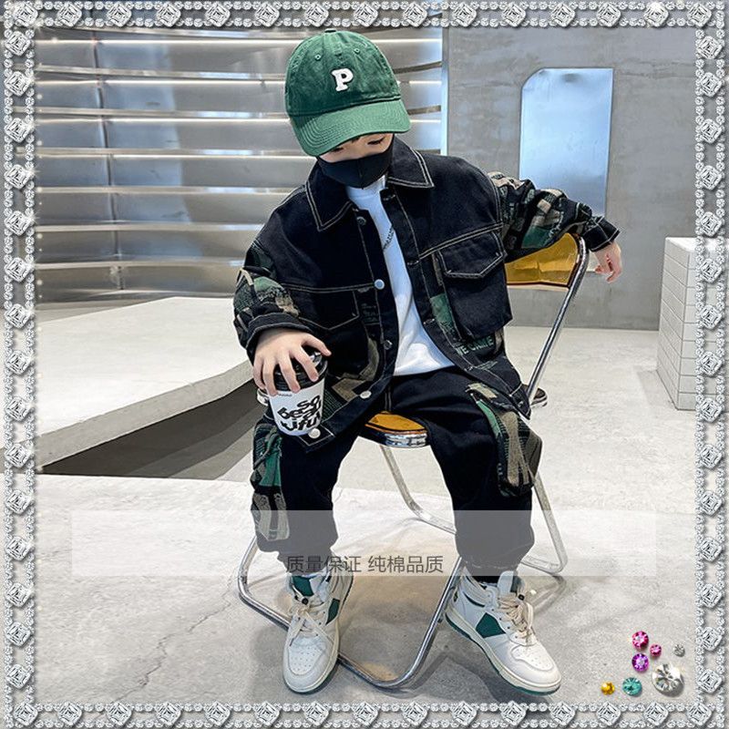 P Boys Spring and Autumn Denim Suit Children Medium and Older Children 2024 Boys Korean Version Soft Autumn Two-piece Set Children Handsome