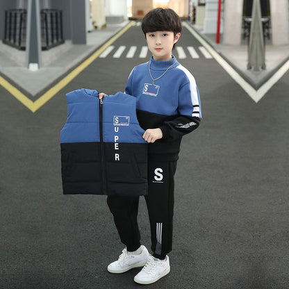 P boys autumn suit new foreign style medium and large children's boys winter thickened fleece sweater three-piece set tide