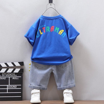 P Boy's Summer Clothes Set 2024 New Foreign Style Children's Thin Short Sleeve Clothes Handsome Boy Bomb Street Summer Children's Clothes