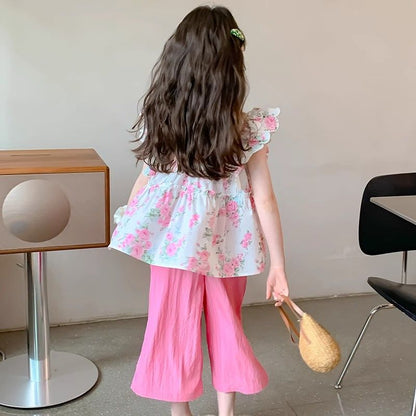 Conjunto de verano para niñas P 2024 Nuevo estilo occidental Internet de verano para niños Ropa de moda popular para niños Conjunto de dos piezas sin mangas para niñas pequeñas 