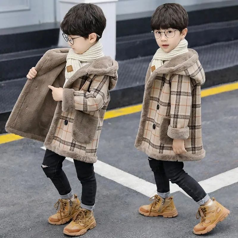 woolen coat for boys and girls, velvet thickened hooded coat