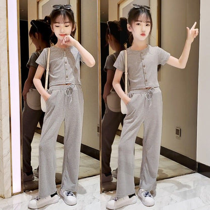 P Girls' summer suits, foreign fashion, Internet celebrity children's clothes, 2024 middle-aged and older children's girls, short-sleeved wide-leg pants two-piece set