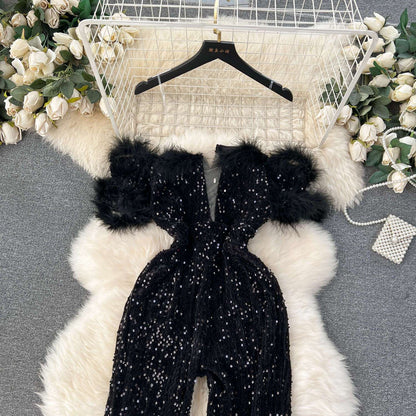 Light luxury and elegant temperament jumpsuit, women's ins, wearing European and American style, shoulder hair, hair stitching, sequins, slim pants