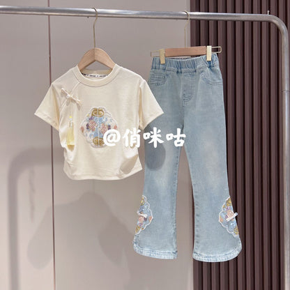 P Girls 2024 New Summer Clothing Set Little Girls Summer Short sleeved T-shirt Jeans Big Kids Fashionable Two piece Set