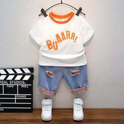 P Boys Summer Set 204 New Children's Fashionable and Handsome Small and Medium sized Boys Summer Short sleeved Top Trend