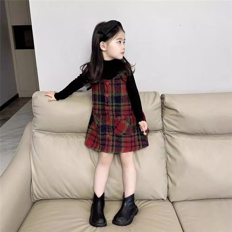 Girls&#039; woolen cloth vest skirt autumn and winter children&#039;s spring skirt baby vest dress spring and autumn plaid princess skirt