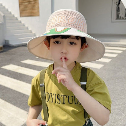 P Children's sunscreen hat summer boys and girls UV protection sun hat baby cartoon mesh large brim sunshade bucket hat