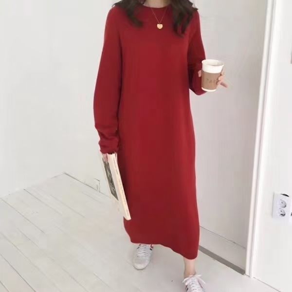 P Korean lazy temperament chic style solid color loose round neck long simple thickened knitted sweater long dress dress