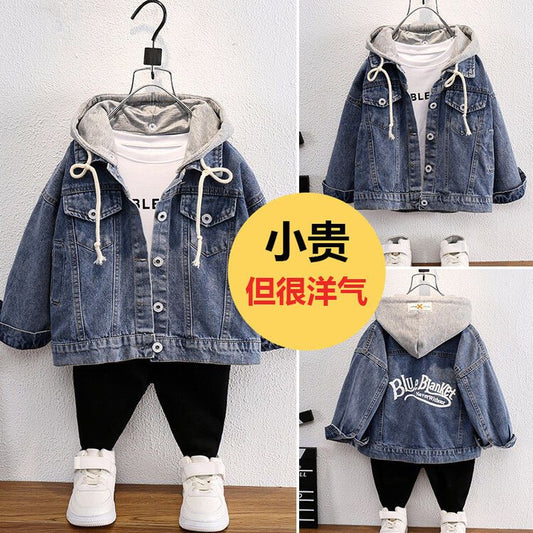 P boys denim jacket autumn spring and autumn 2024 new foreign style autumn fried street top medium and old children's hooded clothes tide