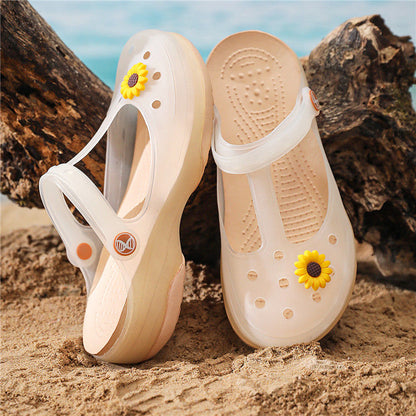 P 2024 Zapatos con agujeros para mujer, suela gruesa de verano, zapatos de gelatina, pies antiolor, pantuflas Tutou para uso externo, zapatos de playa transpirables de dos usos 