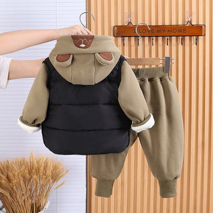 P boys autumn and winter velvet thickened three-piece set new foreign style baby children's winter clothes cotton coat vest set tide