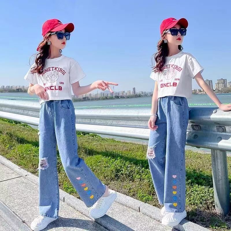 P girls spring and autumn jeans wide-leg pants 2024 new girls Korean version loose fashion foreign style middle-aged pants tide