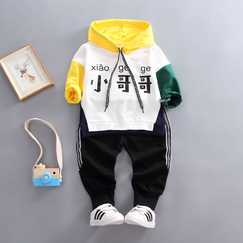 P Boys' suit with fleece, new children's casual foreign style baby autumn and winter clothes, baby fleece and thicker two-piece set