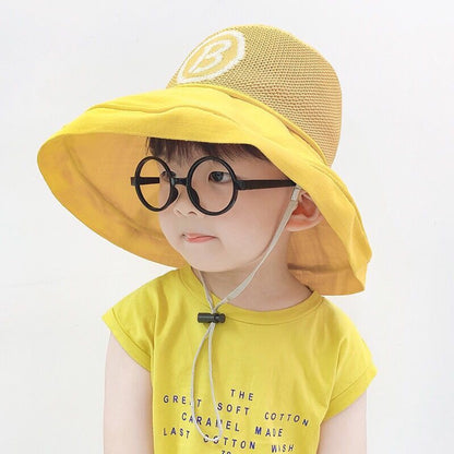 P children's sunscreen hat, summer boys' hat, large brim, summer sunshade hat, mesh fisherman's hat, wide brim, trendy and cool thin style