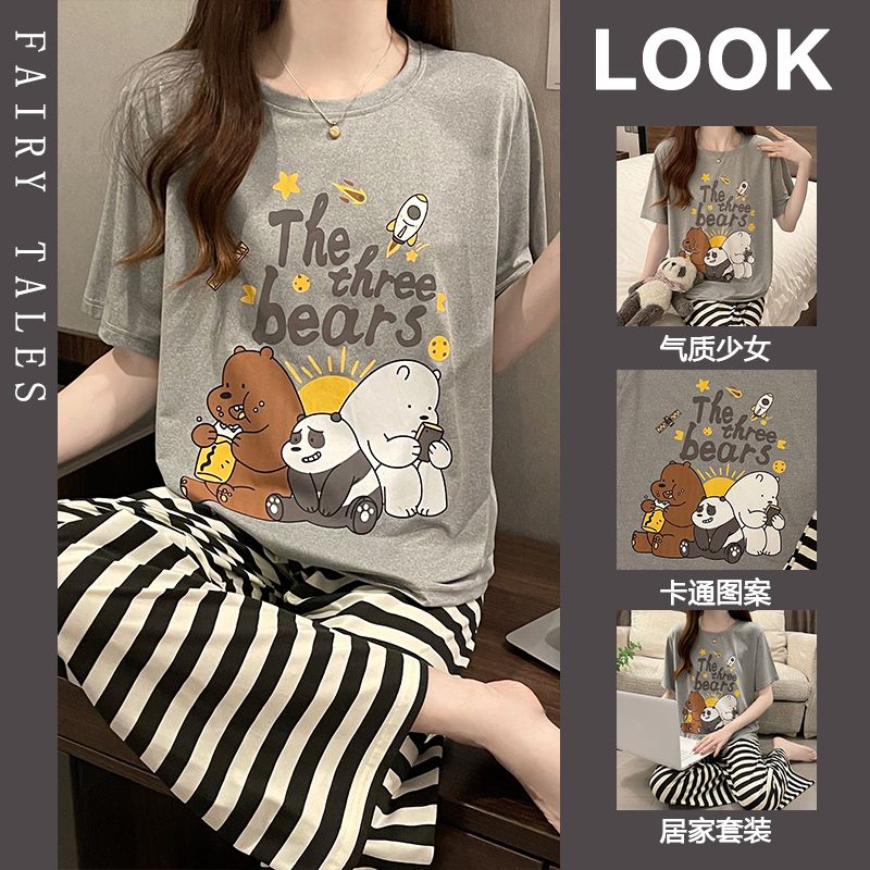 P cute bear pajamas women's summer new short-sleeved trousers thin Korean version loose can be worn outside Internet celebrity loungewear