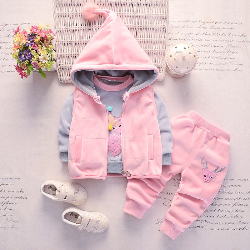 P Boys and girls 2024 winter clothes new set fleece thickened warm three-piece set baby children sweater winter clothes