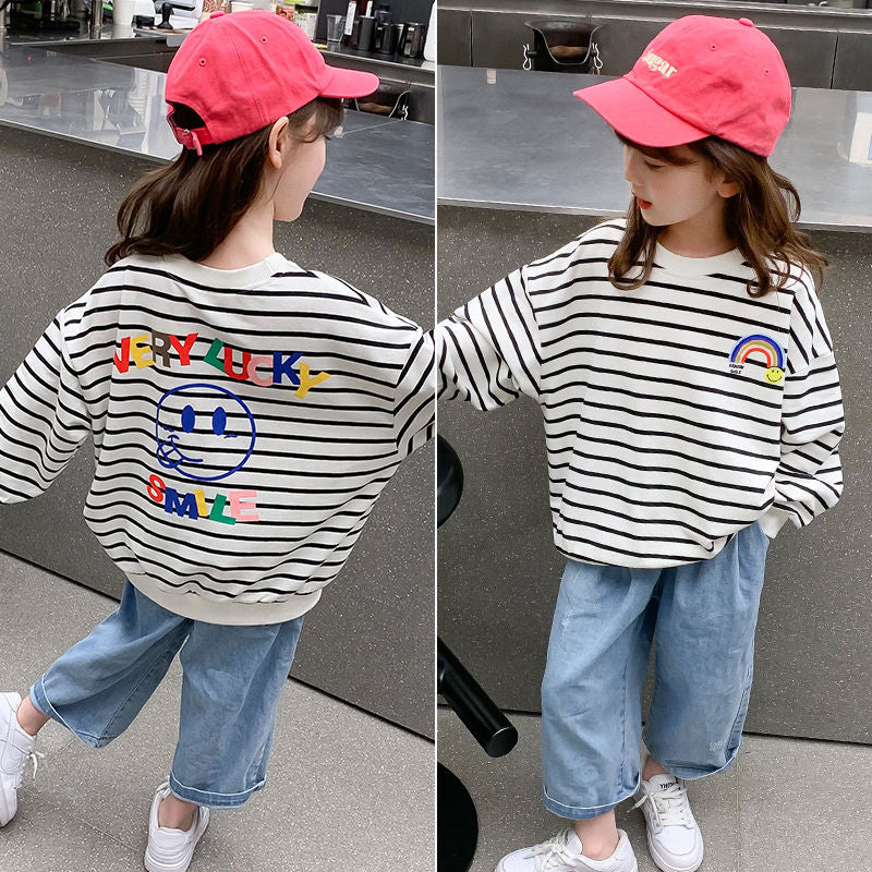 P Children's and Girls' 2024 Autumn New Long Sleeve Top Bottom Shirt Black and White Stripe Printing Color Cotton Elastic Loose