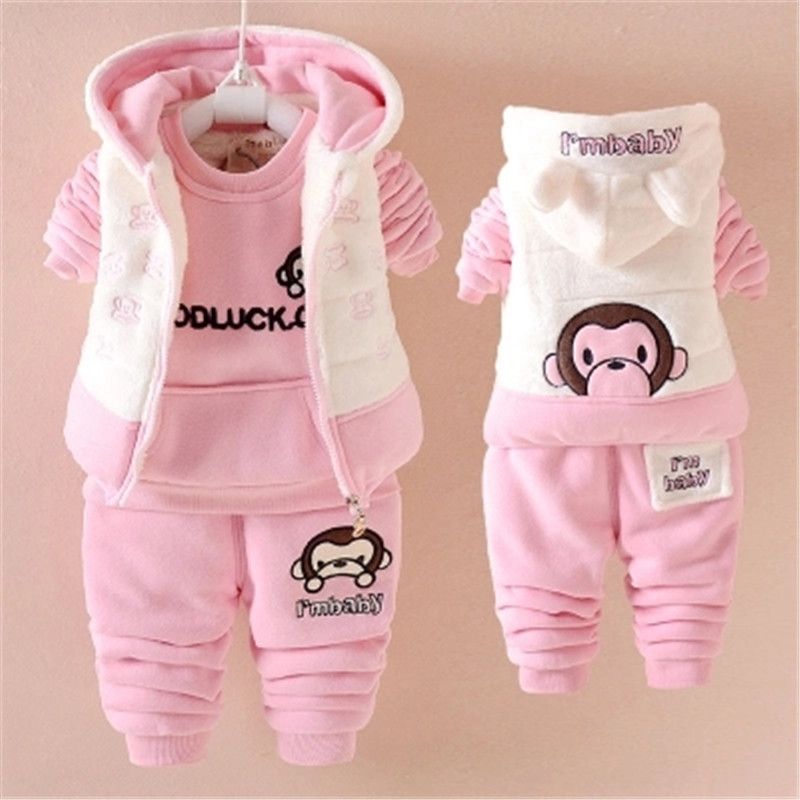 P baby girl 1 year old baby girl 3 children's clothing fleece thickened boys sweater three-piece set children's winter warm jacket set