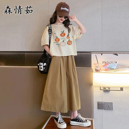 P Girls' suit, summer clothes, 2024 new foreign style girls, short-sleeved middle-sized children's wide-leg pants, cropped pants, two-piece children's clothes