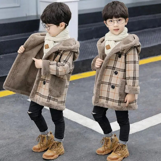 woolen coat for boys and girls, velvet thickened hooded coat