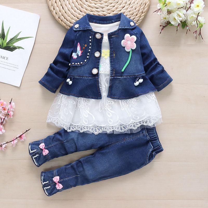 Baby girl spring cowboy three-piece suit 1-2-3-4 years old girl spring and autumn cowboy baby girl tide suit