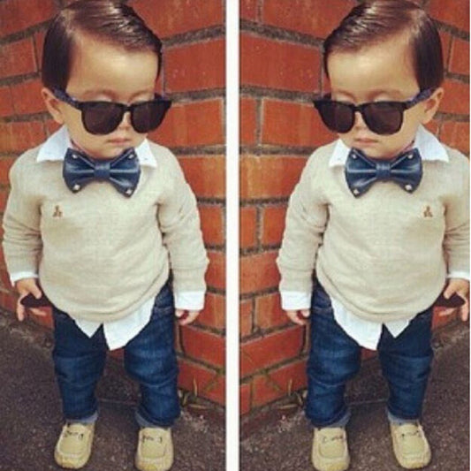 European and American foreign trade children's clothing boys' autumn clothes sweatshirt denim suit gentleman bow tie fake two pieces children's 273-378g