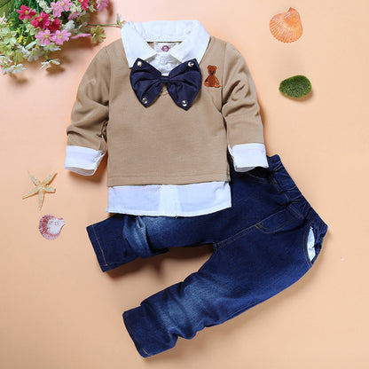 European and American foreign trade children's clothing boys' autumn clothes sweatshirt denim suit gentleman bow tie fake two pieces children's 273-378g