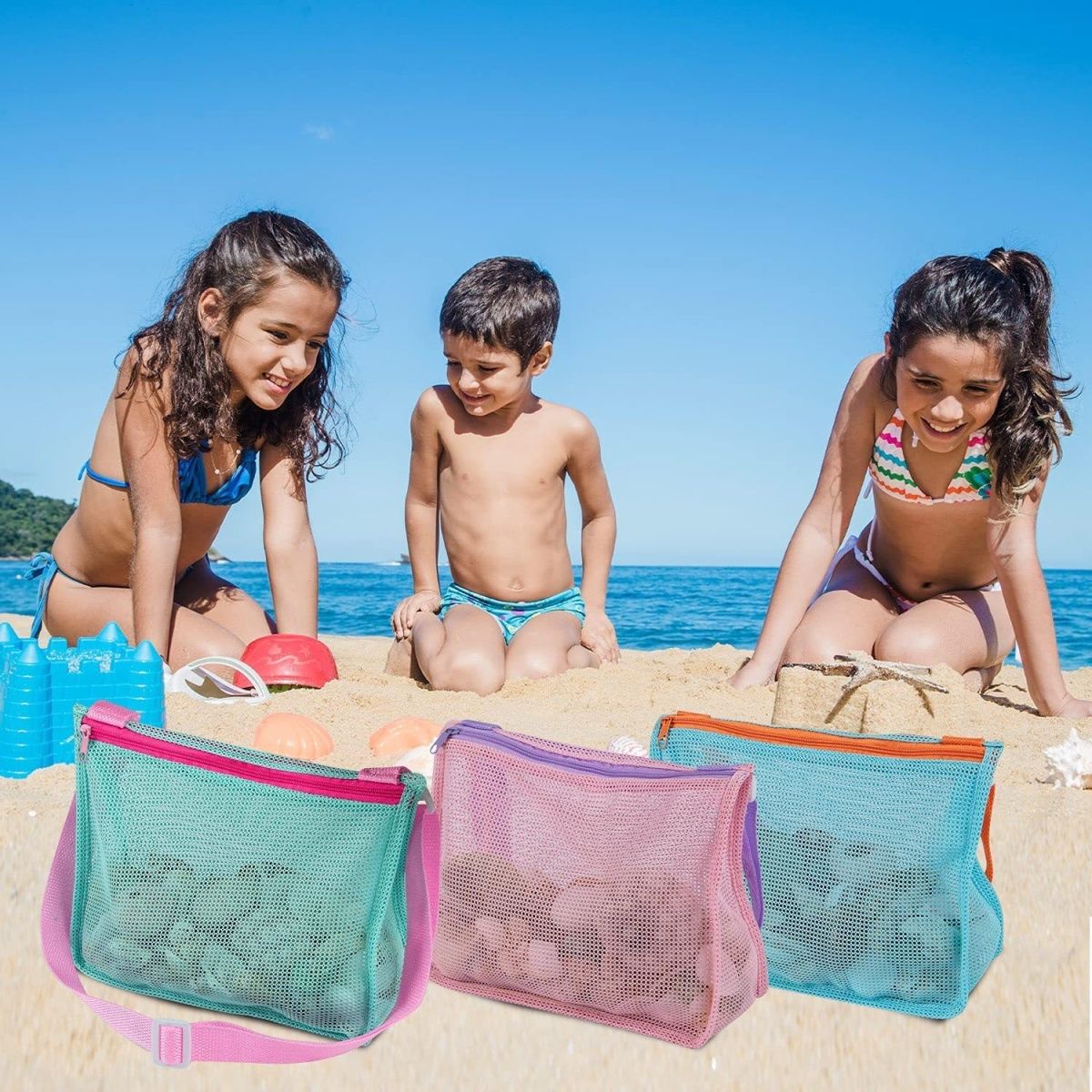 Bolsa de red para niños, bolsa de almacenamiento de malla con cremallera para juguetes de playa, correa de hombro ajustable colorida de mano, mochila de playa para almacenamiento