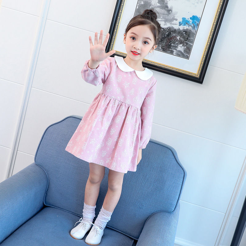 Girls spring and autumn dress flowers, new korean version doll collar long sleeve princess skirt, middle and big children's skirt shirt, children