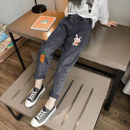 P girls jeans 2024 spring and autumn new girls Korean wide-leg pants medium and older children's foreign loose casual straight-leg pants