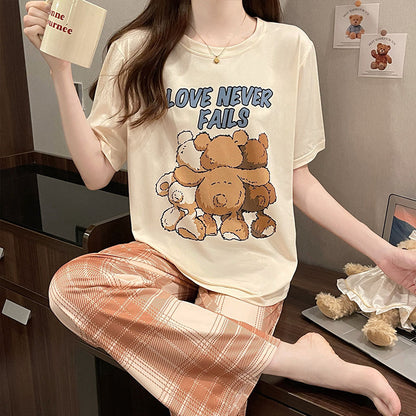 P cute bear pajamas women's summer new short-sleeved trousers thin Korean version loose can be worn outside Internet celebrity loungewear