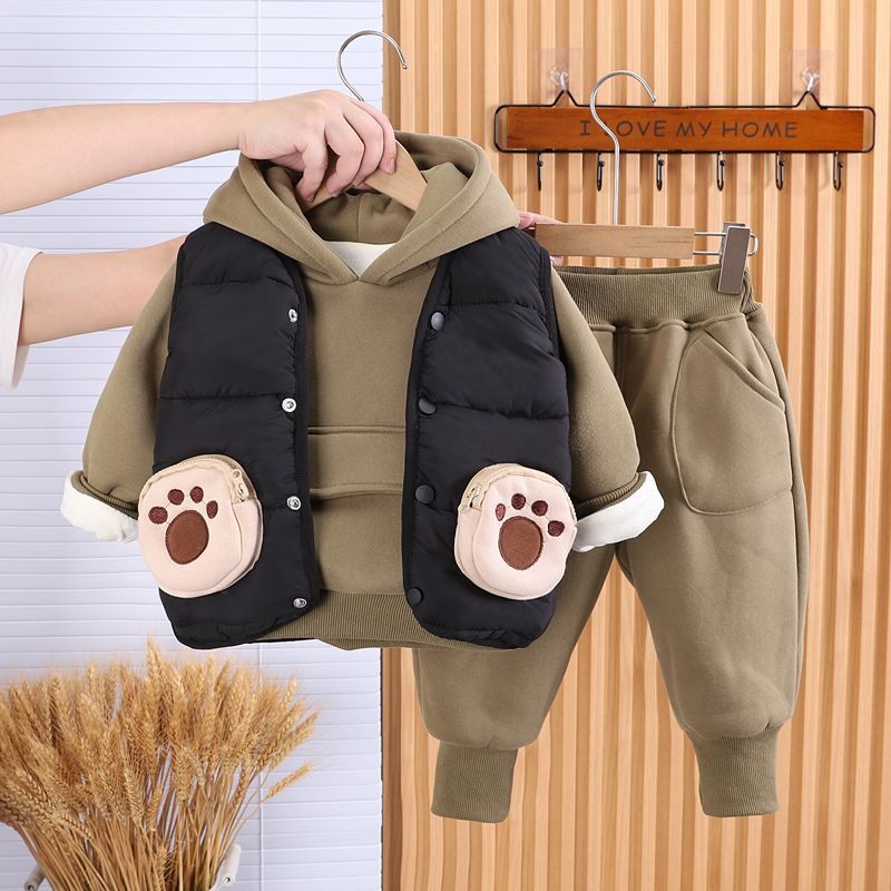 P boys autumn and winter velvet thickened three-piece set new foreign style baby children's winter clothes cotton coat vest set tide