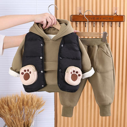 P boys autumn and winter velvet thickened three-piece set new foreign style baby children's winter clothes cotton coat vest set tide