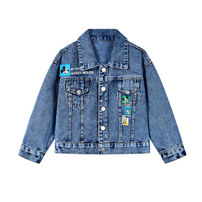 P Cool Handsome Windshield Children's Soft Denim Jacket Autumn Cartoon Splicing Printing Medium Older Children's Top Versatile Loose Handsome