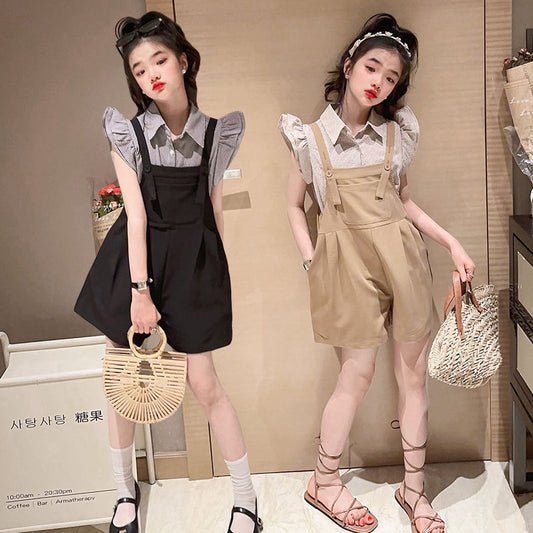 P Girls&#039; Suit 2024 New Summer Dress Western-style girls&#039; suspenders and girls&#039; children&#039;s summer clothes are fashionable.