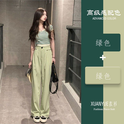 P ROSEL/Rou Sha Er Summer Wear Women's 2024 New Stripe Age Reducing Top Slimming Wide Leg Pants Two Piece Set