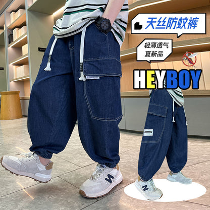 P boys summer tooling jeans 2024 new medium and older children's thin mosquito-proof pants children's bloomers summer fashion brand